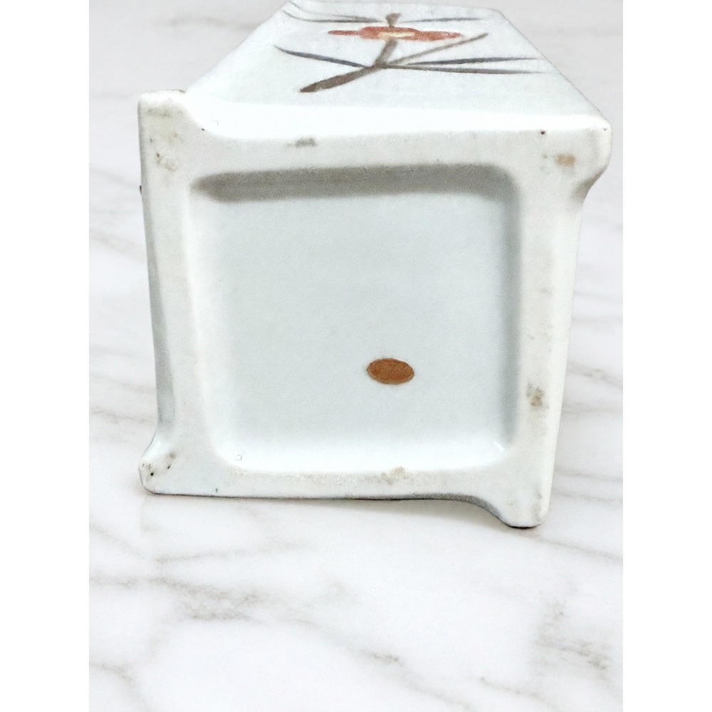 Vintage Japanese Square Ceramic Flower Vase Hand Painted Orange Floral Bamboo 7" - Picture 7 of 8